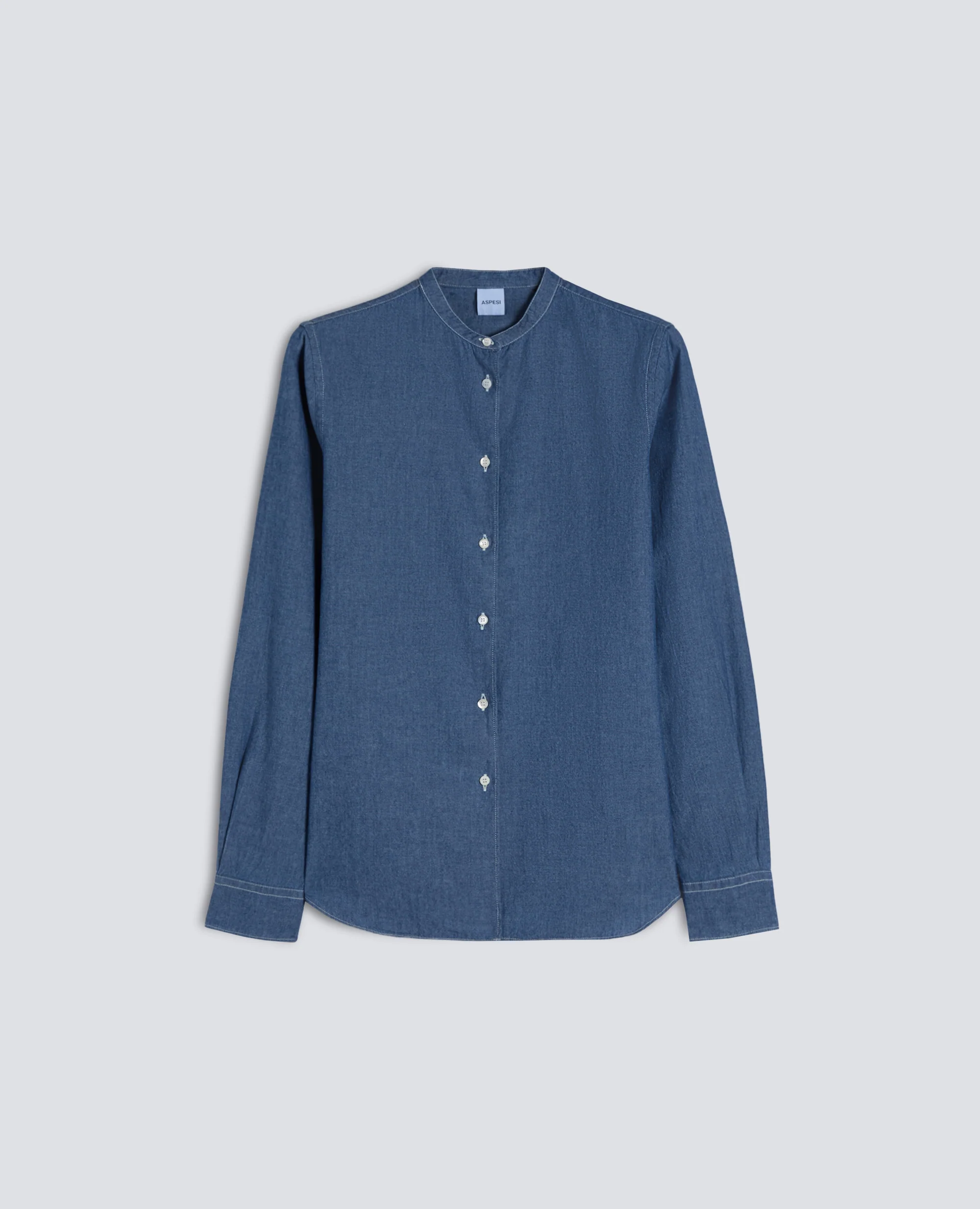 CAMICIA IN CHAMBRAY COTONE GIAPPONESE CON COLLO ALLA COREANA - DENIM MEDIO