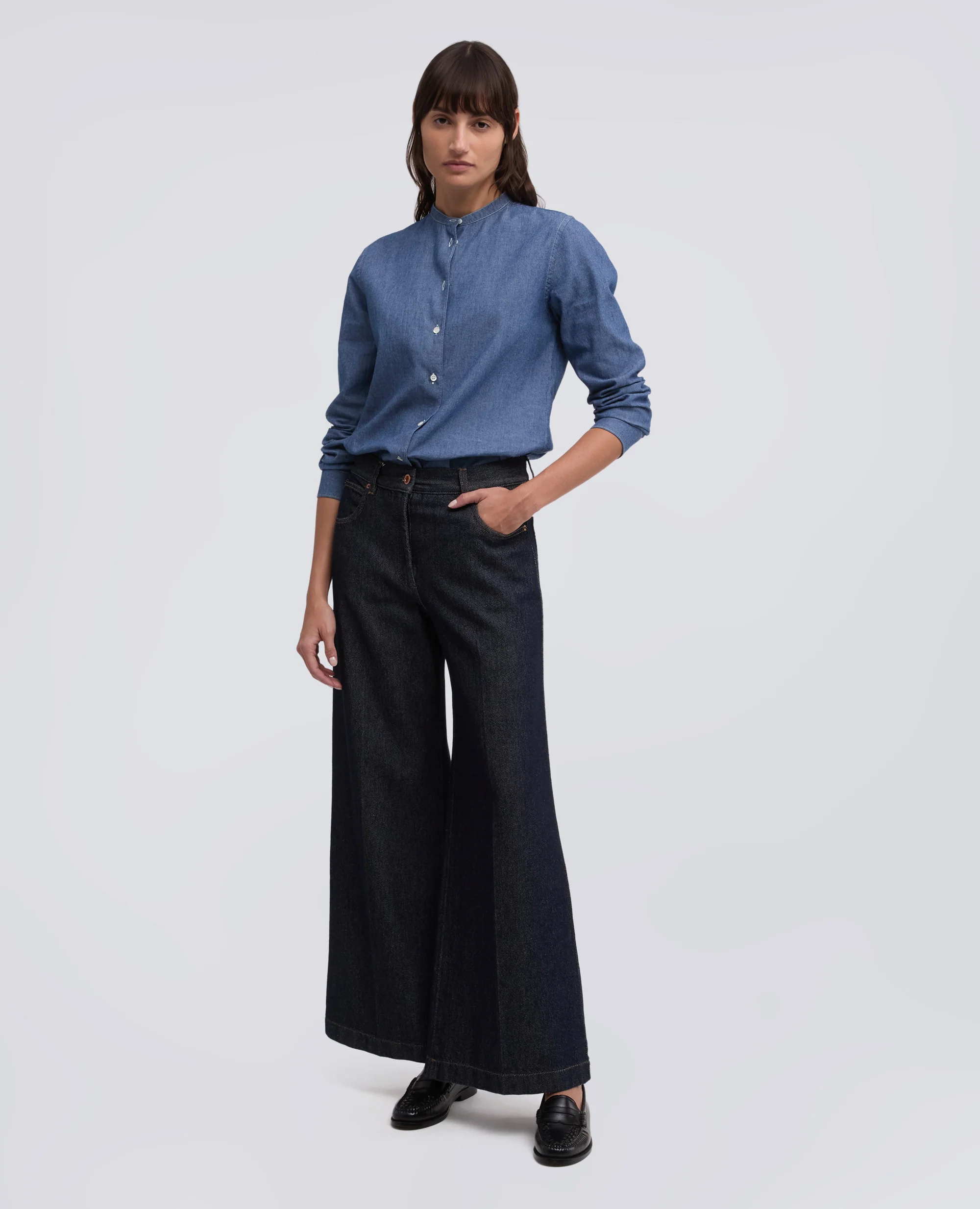 CAMICIA IN CHAMBRAY COTONE GIAPPONESE CON COLLO ALLA COREANA - DENIM MEDIO - Image 2