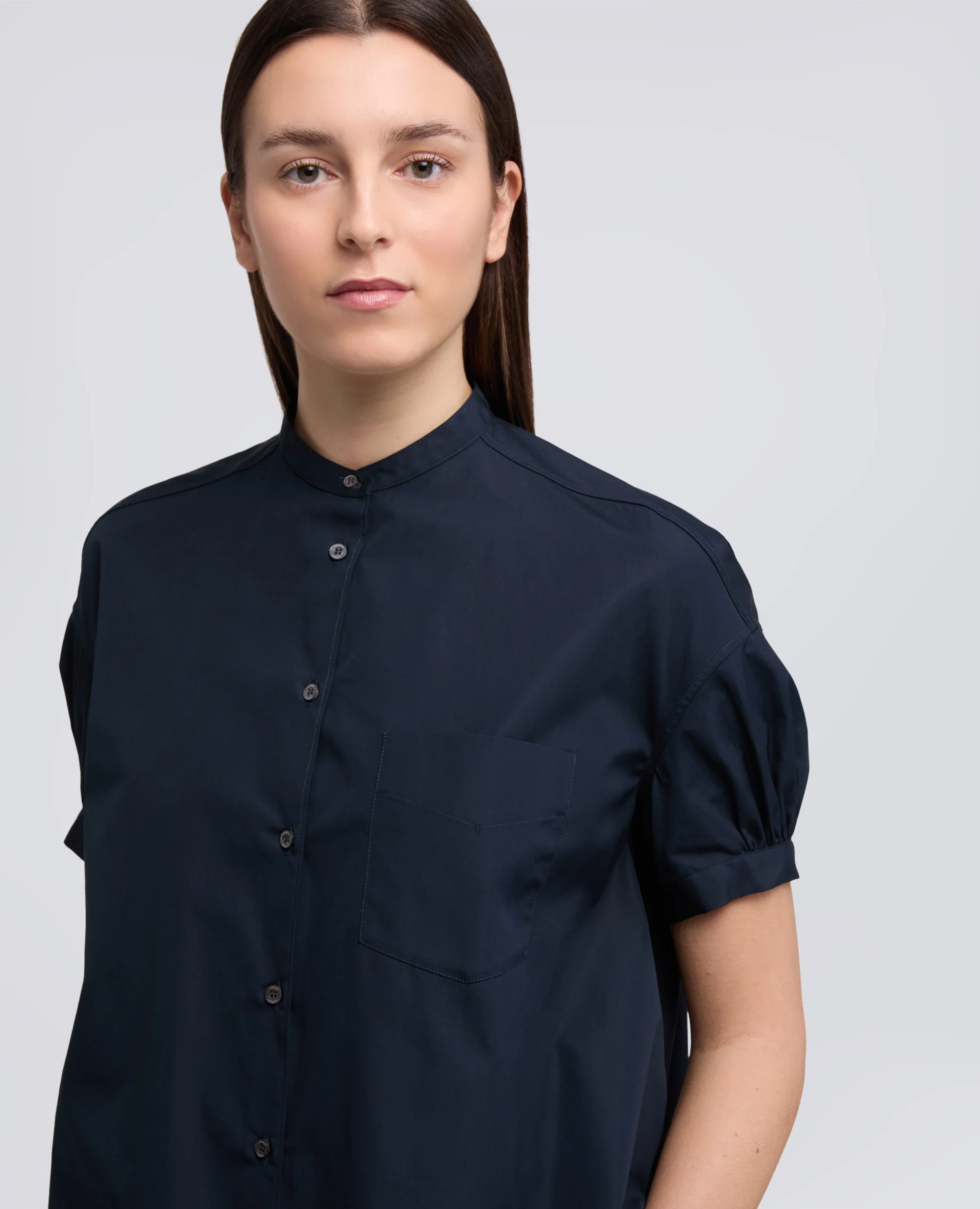 CAMICIA IN POPELINE DI PURO COTONE CON COLLO ALLA COREANA - NAVY - Image 4