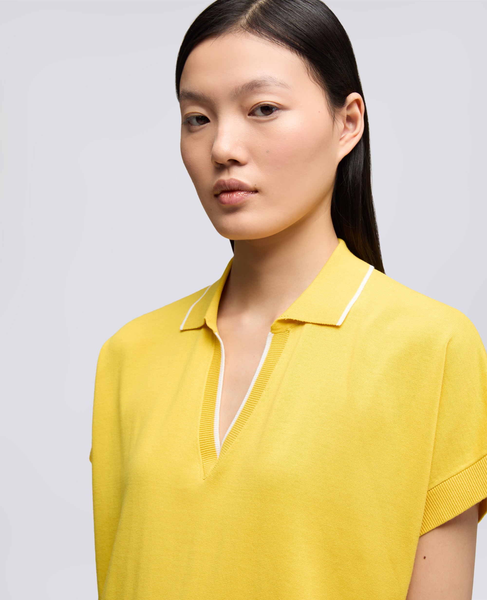 MAGLIA SCOLLO A V CON COLLETTO IN FILATO DI PURO COTONE - GIALLO - Image 4